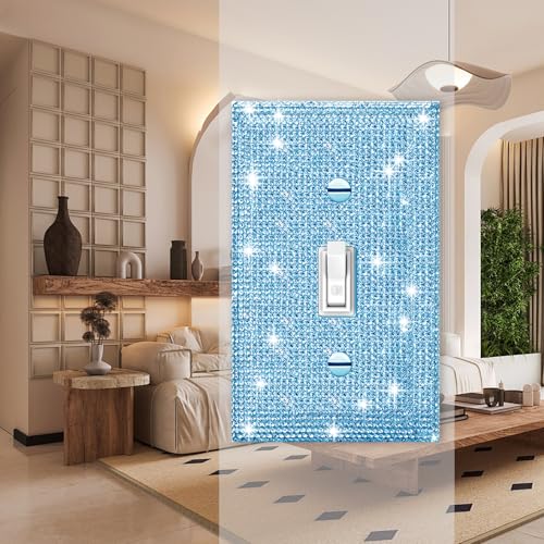 Image of 2 Pcs Shiny Silver Blue Rhinestones Wall Plates Switch Plate Covers Decorative Light Switch Cover Single Toggle Rhinestones Outlet Covers Wall Plate