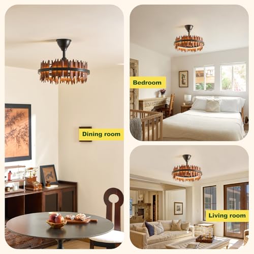Image of 19.7 inch Rustic Caged Ceiling Fan with Light, Farmhouse Wood Fandelier Ceiling Fan, 6 Speed and Reversible, Dimmable LED Chandelier Fan with Charred Leaves for Bedroom, Kitchen, Living Room