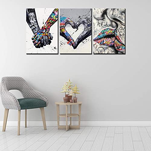 Banksy Graffiti schilderijen, Heart Love, Romantic Kiss, 3-delige prints op canvas, ingelijste woondecoratie, klaar om op te hangen, 105 x 50 cm (b x h) - Afbeelding 3