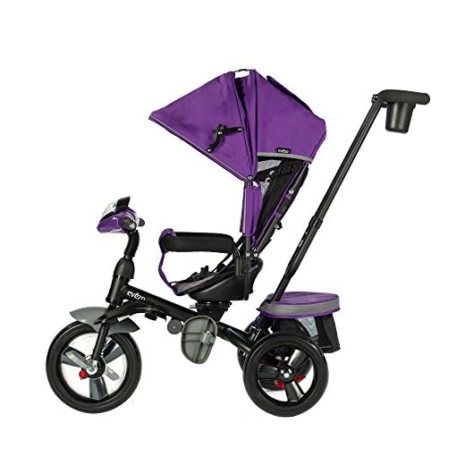 Evezo 302A 4-in-1 Parent Push Tricycle for Kids, Stroller Trike Convertible, Swivel Seat, Reclining Seat, 5-Point Safety Harness, Full Canopy, LED Headlight, Storage Bin (Purple Violet)