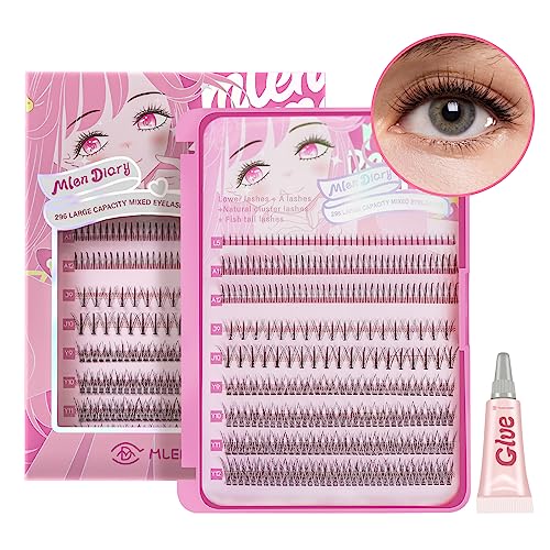 MLEN DIARY Manga Individual Lashes 296 Clusters Lashes 9-13mm Individual Lashes Natural Look DIY Eyelash Extension Kit with Glue