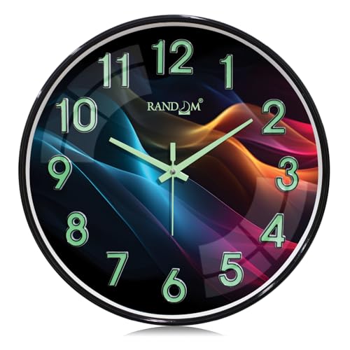 Image of RANDOM Modern 12.75 INCH Wall Clock with 3D Radium Numbers, Silent Non-Ticking, Premium Black Frame, Ultra Clear Glass for Living Room, Home Office