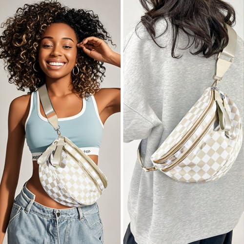 Checkered Crossbody Bags for Women, Large Nylon Bum Bags Plus Size Fanny Pack Sling Bag Belt Bag for Women Travel, Beige Checkered3