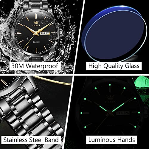 Image of Men's Casual Stainless Steel Watch, Big Face Easy to Read Analog Quartz Watch with Day and Date, Classic Waterproof Diamond Roman Arabic Numerals Dial Dress Watch for Men, Gold Silver Black Band
