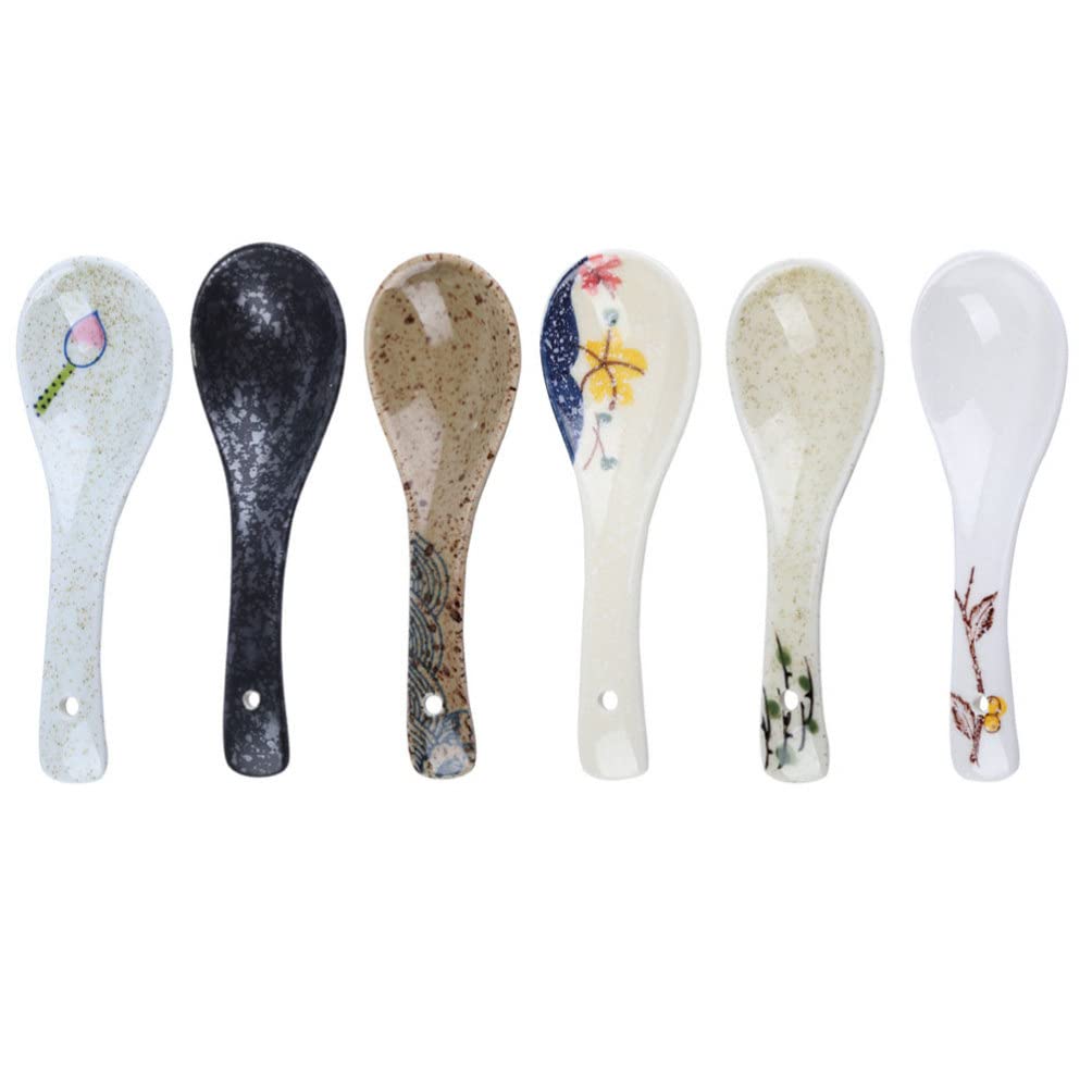 Łyżki ceramiczne azjatycka łyżka do zupy: 6 szt. Japońskie Retro łyżki do zupy łyżki do ryżu chińskie łyżki do serwowania Wonton Dumpling Miso