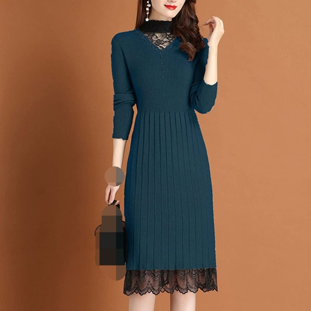 Pulls Tricot Femme,Ourlet en Dentelle Bleue pour Femme Pull Tricoté Robe Jupe Plissée Pull Coupe Ajustée Bas All-Match Pullover Jumper Mode Cadeau pour Petite Amie Fête des Mères