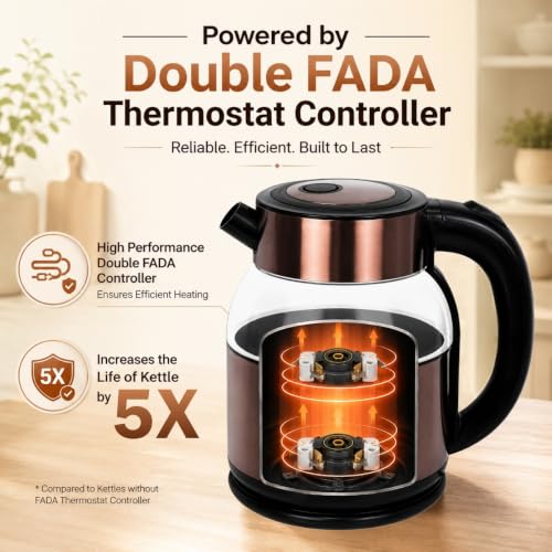 Image of Pringle Vogue 1.8L Electric Glass Kettle 1350W | Double Fada Controller | Double Layer Cool Touch Design | Auto Shut-Off & Boil Dry Protection | Fast Boiling | 1 Yr Warranty | Copper