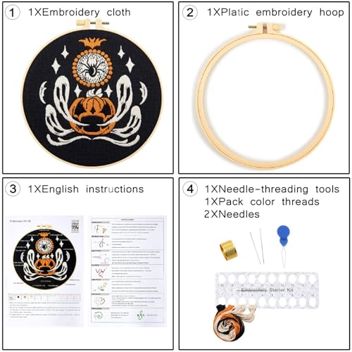 Image of Halloween Embroidery Kits for Beginners Adults, Ghost Embroidery Starter Kits, Halloween Cross Stitch Kits for Beginners Adults Hobbies for Women, Embroidery Fabric, Threads, Hoops and Video Tutorial