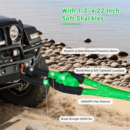 Image of Kinetic Recovery Rope 7 /8 inch x 30ft,48600lbs Breaking Strength Kinetic Tow Rope,Heavy Duty Recovery Rope with 2pcs Soft Recovery Shackles for Off-Road,Trucks,Jeep,SUV, ATV, UTV,Tractor