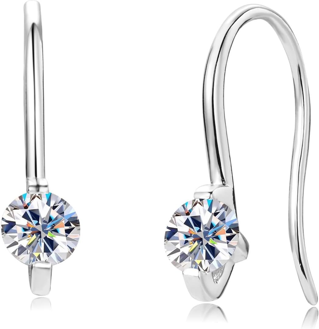AINUOSHI French Wire Small Hook Earrings, Dainty Danle Drop Solitaire Moissanite Earrings For Women, Sterling Silver 18k White Gold Plated Pull Through Earrings Lab-created Diamond 0.30cttw