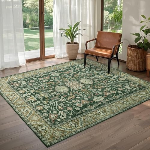 4x6 Area Rug Washable: Oriental Soft Area Rug for Living Room Bedroom No Shedding - Low Pile Thin Carpet Rug for Dining Room Non Slip - Boho Vintage Rug for Home Decor - Retro Forest Green