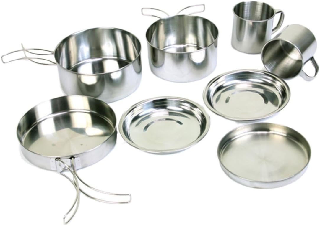 8pcs Stainless Steel Cookware Set with Foldable Handle for Backpacking