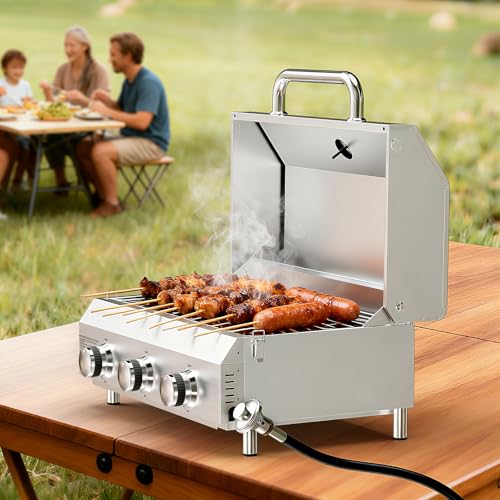 Image of Bestfire 3-Burner Tabletop Propane Gas Grill with Dual Connections, 30,000 BTU Portable Propane Grill Fits Large Cylinders & Small Canisters, Stainless Steel Knobs, Compact Design for Camping, RV, BBQ
