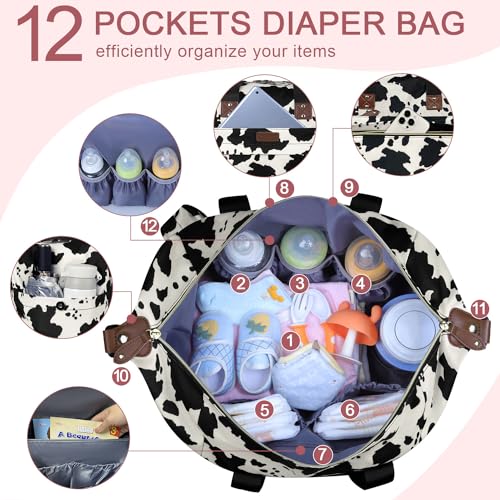 Pritent Diaper Tote - Baby Bag with Pacifier Case, Shoulder Straps, Stroller Clips, Waterproof Large Mommy Maternity Travel Bag for Mom and Dad, Cow Print
