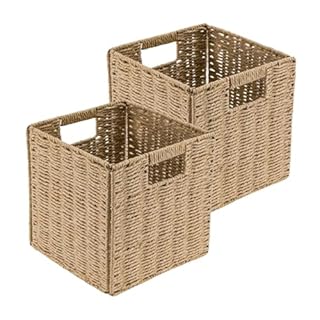 Trintion 2x Faux Wicker Baskets Faux Wicker Organizer Bins with Handles for Shelves Foldable Storage Cubes Storage Baskets for Gifts For Organization & Decoration (22x22x22cm)