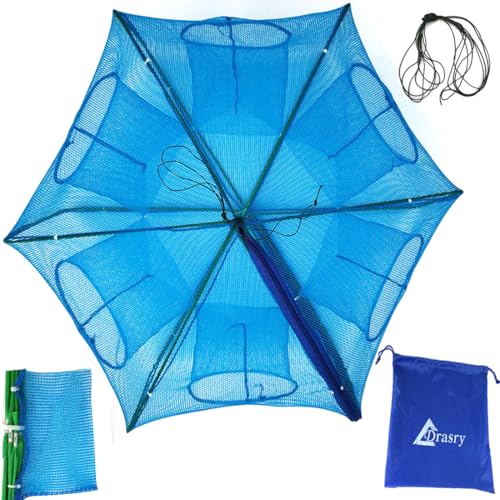 Drasry Black Fishing Bait Trap Foldable Fish Net for Minnow Crab Crayfish Crawdad Shrimp Trap Cast Net Dip Cage Collapsible Easy Use 4 6 Hole Fishing Accessories(Blue-6 Holes)