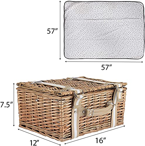 Willow Picnic Basket Set for 2 Persons with Large Insulated Cooler Bag and Waterproof Picnic Blanket, Wicker Picnic Hamper for Camping,Outdoor,Birthday