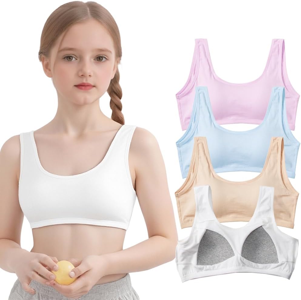 Girls Cotton Sports Bra Removable Pads U Back Seamless for Ages 10-18 4 Pack Sleep and Daily Wear