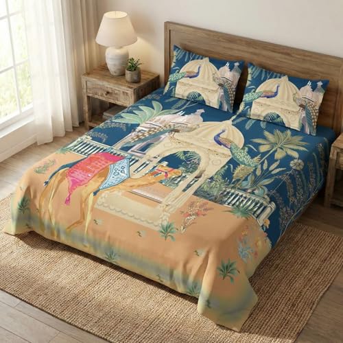 Image of LOOMLYFE 300 TC 7D Digital Print Microfiber Soft Cotton Bedsheet for Double Bed, Size 90X100 Inches with 2 Large Size Pillow Covers Without Joint - CamelPeacock