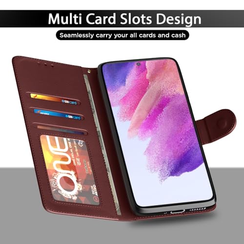 Image of Amazon Basics Flip Cover for Samsung Galaxy S21 FE 5G Leather Finish | Wallet Stand and Shock Proof | Inside TPU with Card Pockets | Complete Protection Flip Case (Brown)