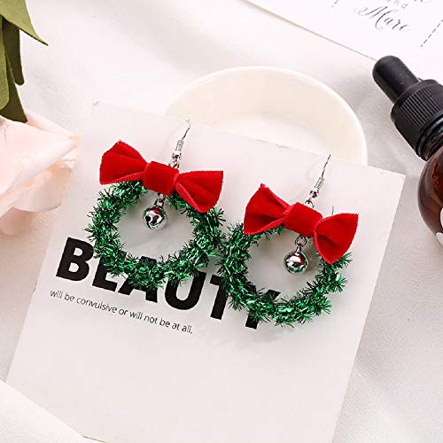 Green Ornament Wreath Hoop Jingle Bell Big Earrings Lightweight Christmas Red Bowknot Hook Dangle Drop Earrings for Women Girls Festival New Year Christmas Party Gifts for Best Friend Hypoallergenic - Image 3