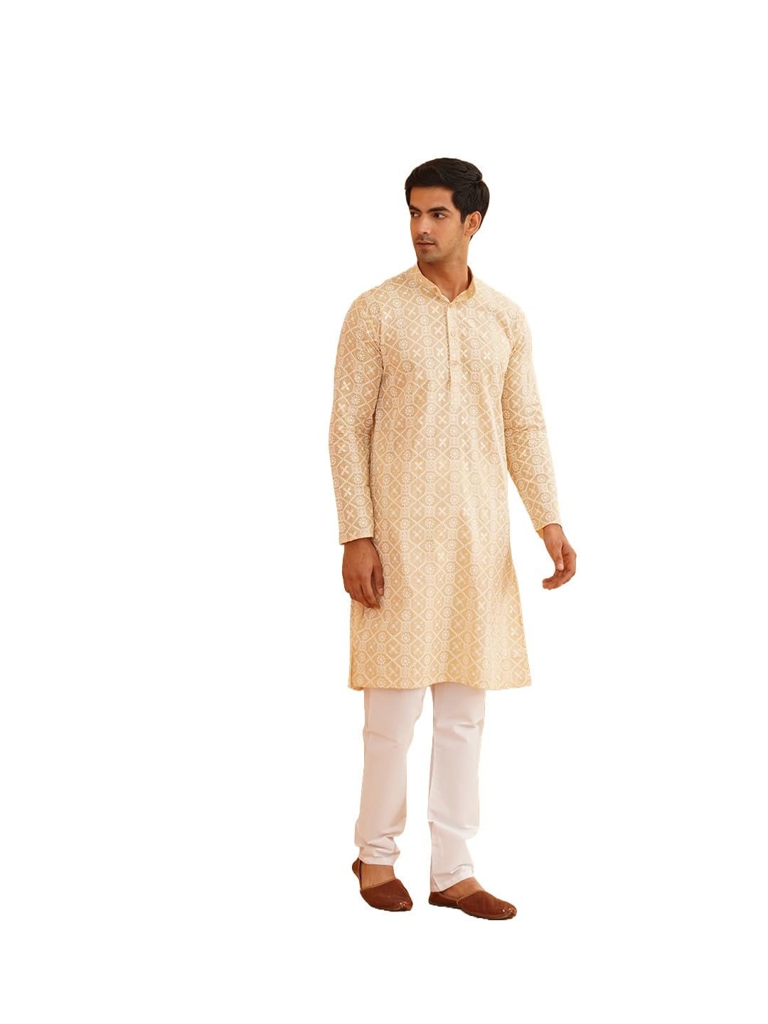 Sojanya (Since 1958 Men's Cotton Gold Sequence Embroidered Beige Kurta With White Churidaar Pyjama