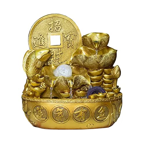 Fuente de Escritorio Fuente de Mesa Color Dorado con Bomba Agua, Fuente Fengshui decoración Interior Lucky Fortune Cascada Decorativa for Oficina y hogar