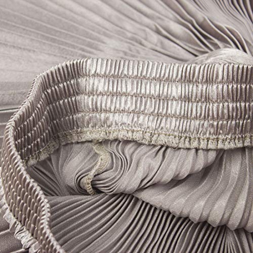 ebossy Women's Boho Satin Metallic Pleated Accordion Skirts Elastic High Waist Flowy A Line Shirring Maxi Long Skirt (One Size, Nude)2