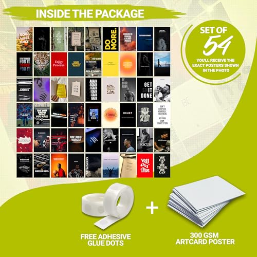 Image of MODERN GALLERY MART Pack of 54 Motivational Wall Collage Kit Posters - 4 x 6 Inches Posters for Wall Decoration - Wall Art For Bedroom, Office, Living room, Dorm room - Glue Dots Included