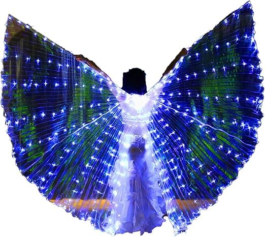 LED Isis Wings Belly Dance Wings Colorful LED Butterfly Wings with 2 Light Mode & Telescopic Sticks Glowing Light Up Costume Performance Clothing for Carnival Stage Cosplay (Blue Light, Children)