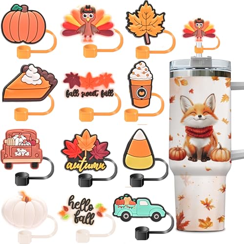 12PCS Thanksgiving Straw Toppers for Stanley Cups 10mm 0.4in Silicone Reusable Halloween Fall Straw Covers Cap Compatible with 30&40oz Tumbler with Handle Funny Tumbler Accessories for Halloween Gifts