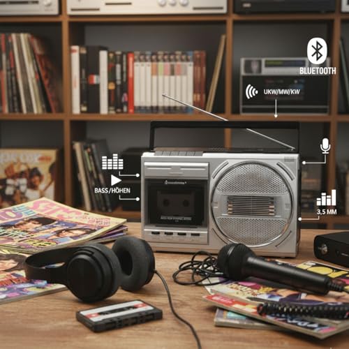 Soundmaster RR20SI Retro Radiokassettenrekorder mit Bluetooth & USB-MP3 Wiedergabe – Vintage Design, UKW/MW/KW Radio, Aufnahmefunktion & kräftiger 3W RMS Sound