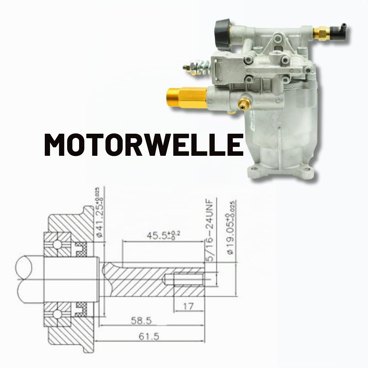 Hochdruckreiniger Pumpe 3000 PSI (200 Bar) – Horizontale Ersatzpumpe 6,5 HP mit 8,5 L/min Durchfluss für Benzin Hochdruckreiniger – Aluminium Pumpenkopf – Waspper PA000-PW28/2.5