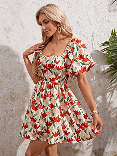 Image of Aahwan Multicolor Solid Boho Bohemian Vacation Floral Flower Print Square Neck Puff Sleeve Elegant Dress for Women's & Girl's
