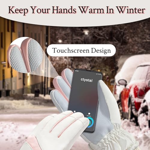 Feelorna Guantes de esquí para Mujer, Guantes térmicos con Pantalla táctil a Prueba de Viento Superficie Impermeable y Forro Polar Guantes cálidos de Invierno para Esquiar Ciclismo (Blanco) - imagen 4