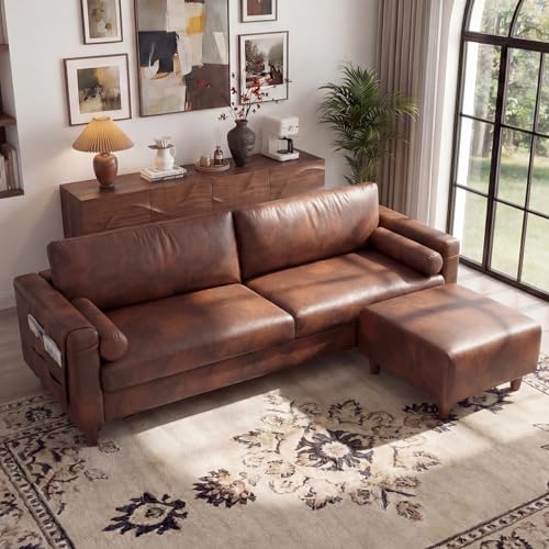 Image of Vesgantti 100 inch PU Faux Leather Couch with Movable Ottoman, Large 3 Seater L Shaped Leather Sectional Sofa with Side Pocket, Comfy Mid Century Modern Modular Sofa for Living Room, Apartment, Cocoa