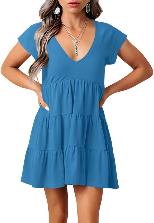 Women's Casual Summer Dress Sexy V Neck Short Sleeve Flowy Ruffle 2026 Trendy Short Mini Dresses