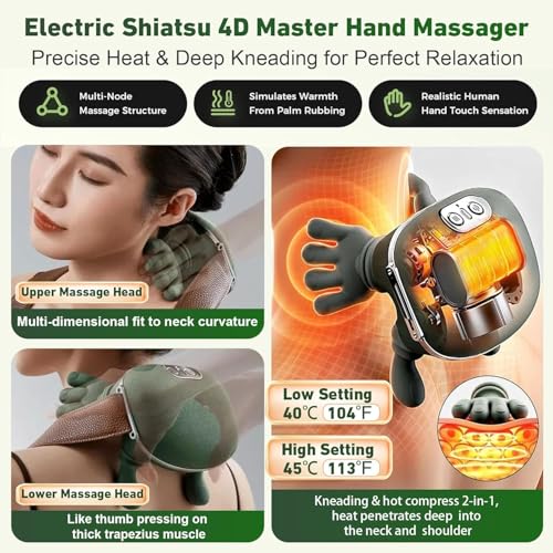 Image of Bionic Heated Massager for Neck & Back, Wireless Portable Shiatsu Massager with Heat, 4D Deep Tissue Kneading, Simulated Human Hand Design for Pain Relief & Muscle Relaxation