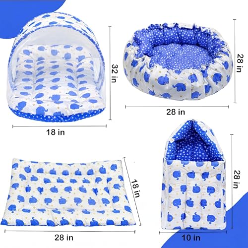 Image of Fareto Combo of Baby Nest | Net with Bed | Carry Bag | 4 Pcs Bedding Set(0-6 Months) (Fullset Nest) (Ele Blue)