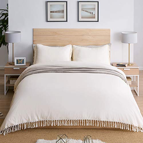 Image of Bohemian Boho Chic Ivory Macrame Tassel 3 pc. Full /Queen Size Bed Bedding Duvet Comforter Cover and Sham Set Solid Cream Off White Cotton Fringe Textured Tufted Luxury Minimalist Farmhouse Indie