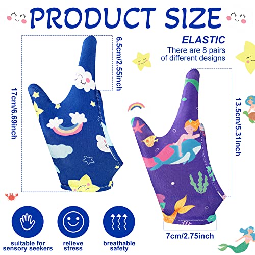 Janmercy 16 Pcs Thumb Sucking Stop for Kids Chewy Gloves Stop Breathable Thumb Guard for Nail Biting Gloves Cute Finger Sucking Stopper for Kids, 8 Style, 2 Finger(8-12 Years) by Janmercy - Image 2