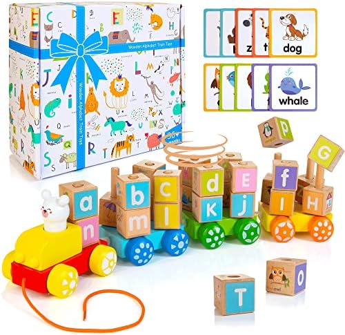 Winique Alphabet Stacking Train Set, Wooden Montessori Toy ABC Building Blocks Learning Toy for Toddlers, Christmas Birthday Gift for 3+ Years Old Boys Girls