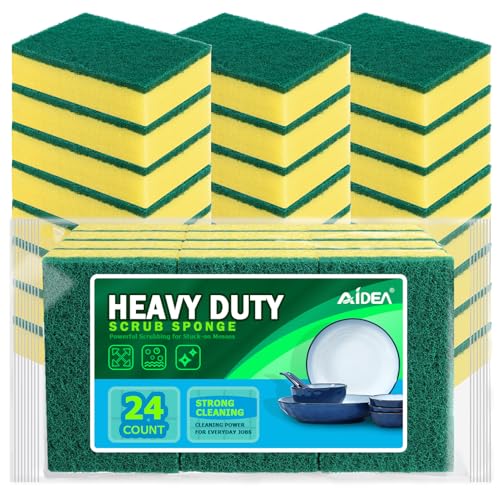 Image of AIDEA Sponges Kitchen, 24 Pack Heavy Duty Dish Sponge, Cleaning Dish Scrubber Sponge for Home and Kitchen, Stink-Free Cleaning Supplies for Pots, Pans