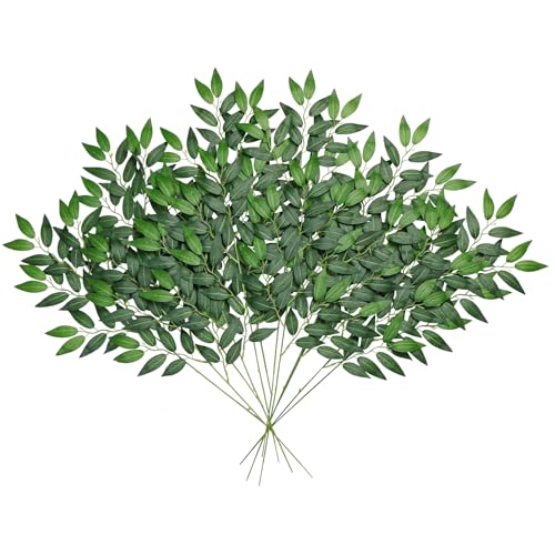 DEMIUKO 12 tallos de Ruscus italianos artificiales de 25 pulgadas, ramas de follaje de seda, hojas de sauce, guirnalda de spray para decoración del hogar, centro de mesa, boda, arco de ramo, relleno