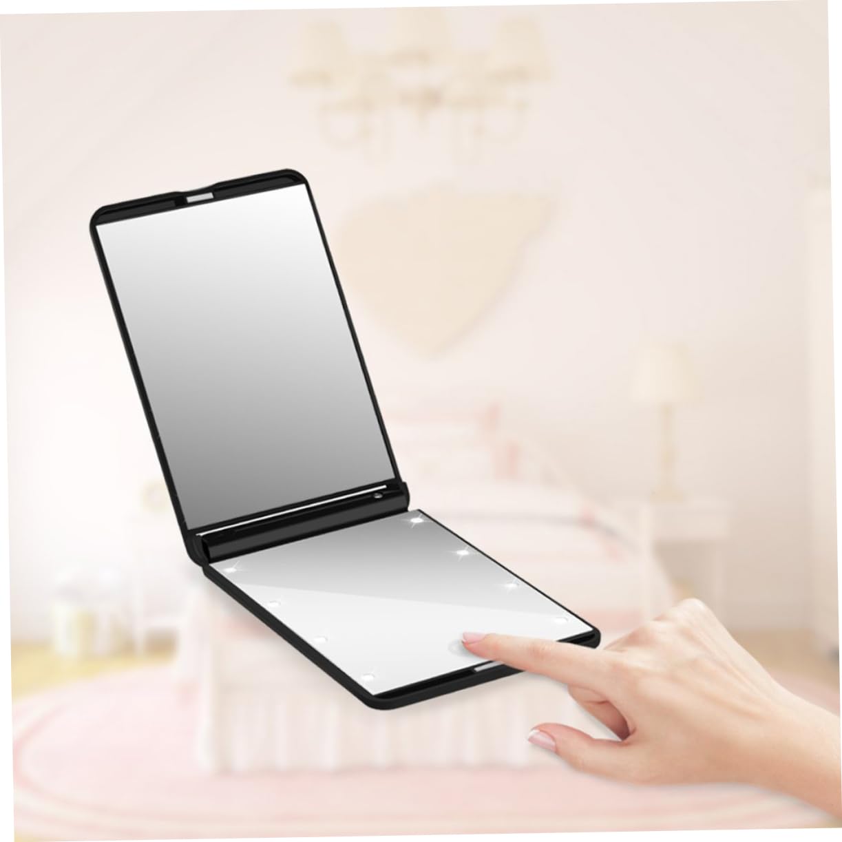 BIUDECO Lighted Vanity Mirror with Led Lights Portable Folding Makeup Mirror Rotation for Viewing Angle for Travel and Home Use Black