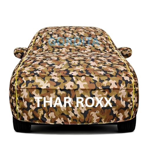 Image of Waterproof Car Body Cover for Thar Roxx All Weather Protection Comes with Inner Cotton Lining & Triple Stitched with Mirror & Antenna Pocket Belt & Elastic Fit Army with Yellow Piping2