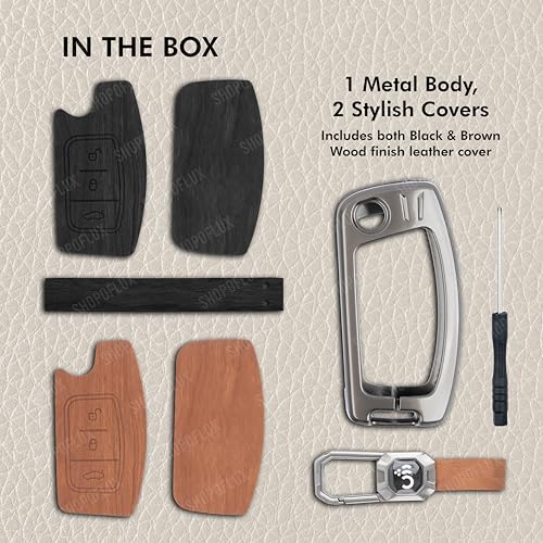 Image of SHOPOFLUX Metal Key Cover Compatible for Ford Old Ecosport | Fiesta | Figo 3 Button Flip Key (Black Brown Leather)
