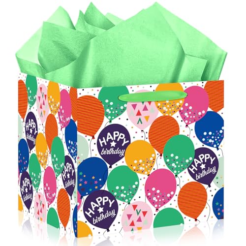 Extra Large Birthday Gift Bag 11.8" Square Gift Bag with Handles Tissue Paper Colorful Balloon with Confetti Design Wrapping Paper Bags Reusable Present Bag for Kids Birthday Baby Shower Party Favor