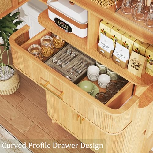 Image of HUAHUU 71 inch Pantry Cabinet with Drawer, Kitchen Pantry Storage Cabinet with 4 Doors, Modern Curved Storage Cabinets with 10 Large Storage Spaces for Dining Room, Living Room, Oak