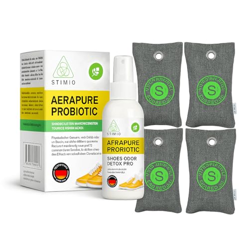 Set fresco Stimio para zapatos con estilo: 4 bolsitas de carbón activo + 1 spray probiótico 100 ml – combate olores y sudor de forma natural, sin químicos, vegano y elegante